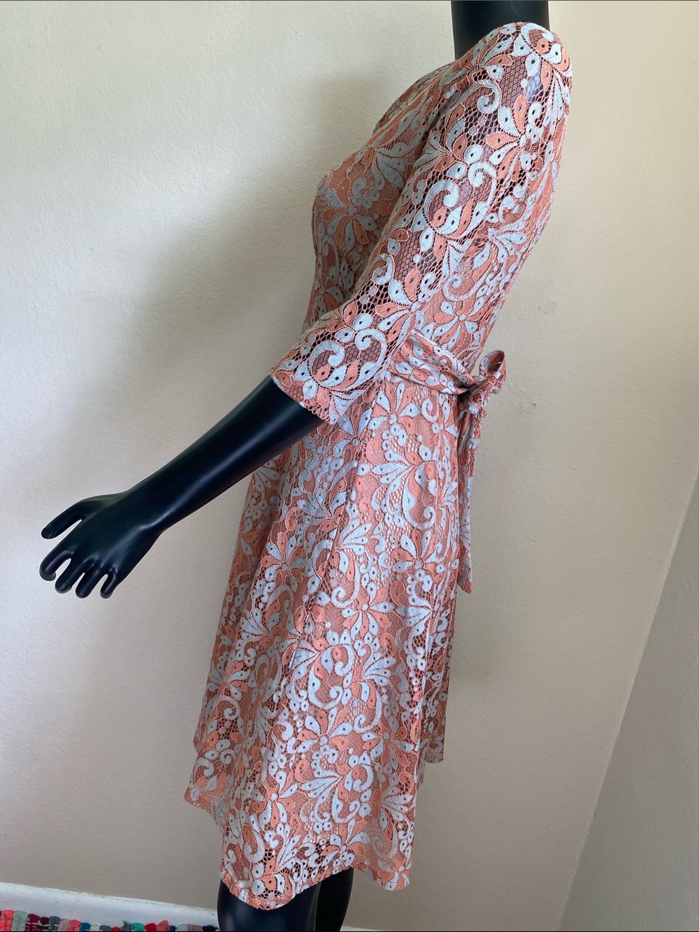 Women's Lace Overlay Fit-and-Flare Dress in Rust Orange and Light Blue - Picture 5 of 13